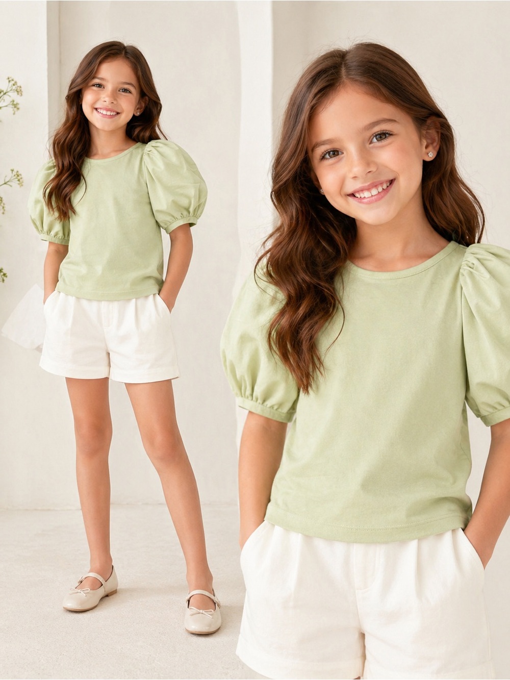 A Loves A Girls Top Antique Jade Green Puff Sleeve Cotton Crewneck Size S NWT